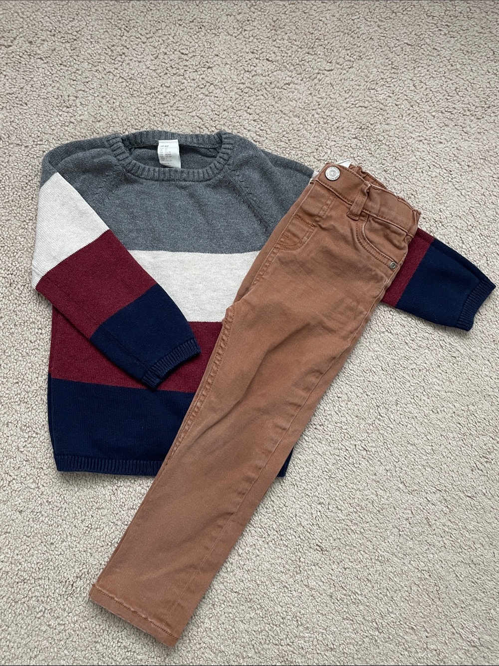 Striped Crewneck Sweater with Brown Pants Set